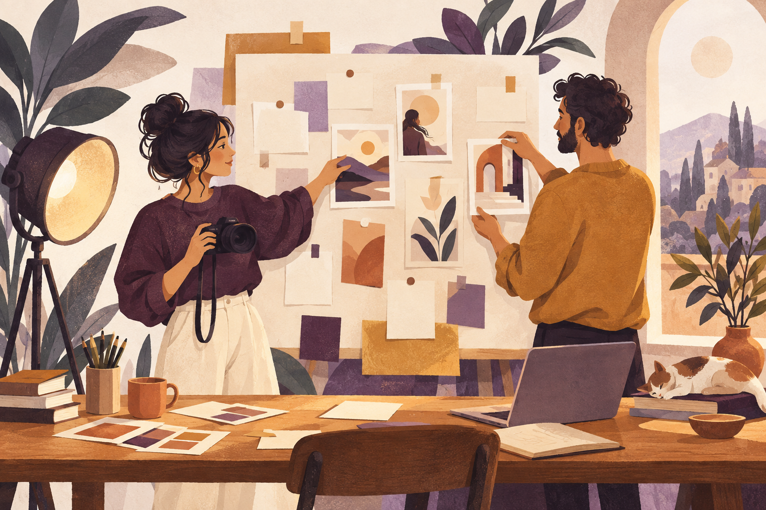 Illustration of a creator and a collaborator planning visual content