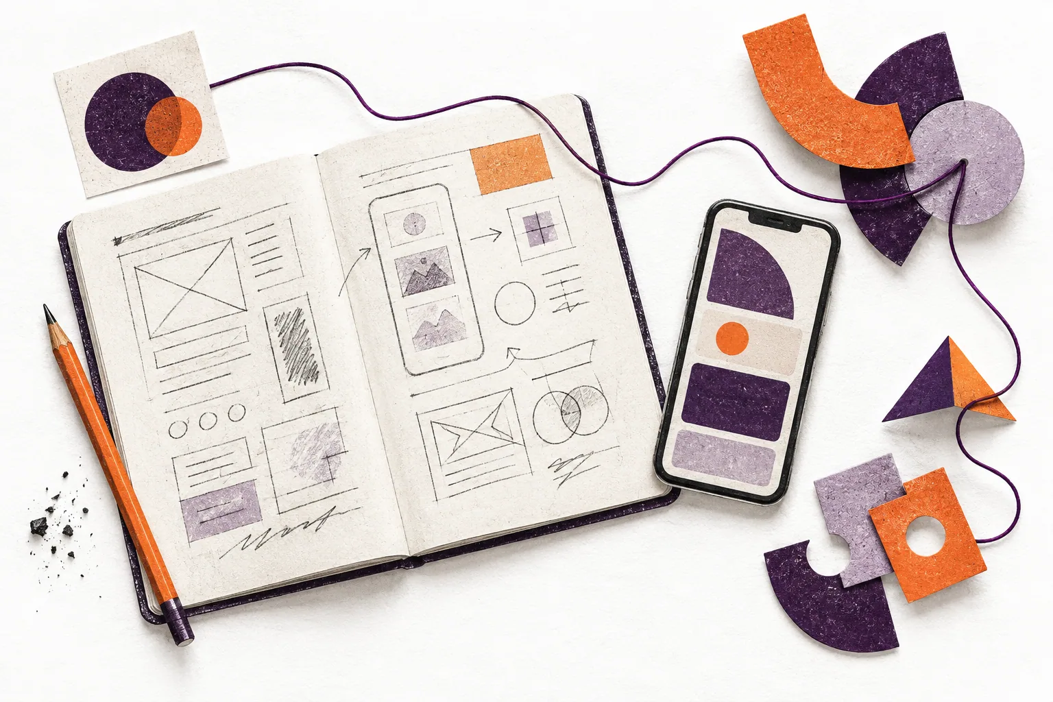 Editorial illustration of a sketchbook, phone, and connected product components