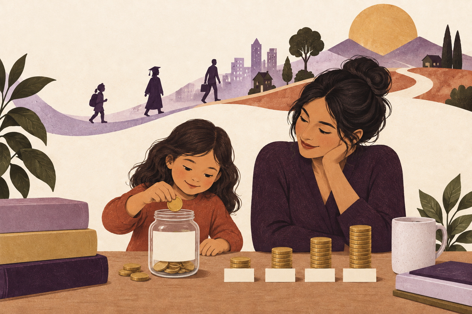 Illustration of a child learning about saving with an adult
