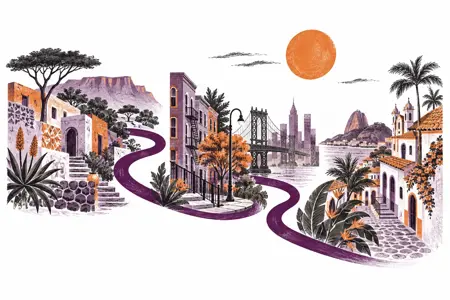 Illustration éditoriale de paysages urbains reliés à travers plusieurs pays